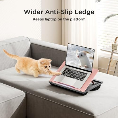 HUANUO Adjustable Lap Desk - with 8 Adjustable Angles & Dual Cushions Laptop Stand for Car Laptop Desk, Work Table, Lap Writing Board & Drawing Desk on Sofa or Bed, Pink | Dual-cushion base, carry handle, 30% thicker for durability, wider anti-slip ledge,