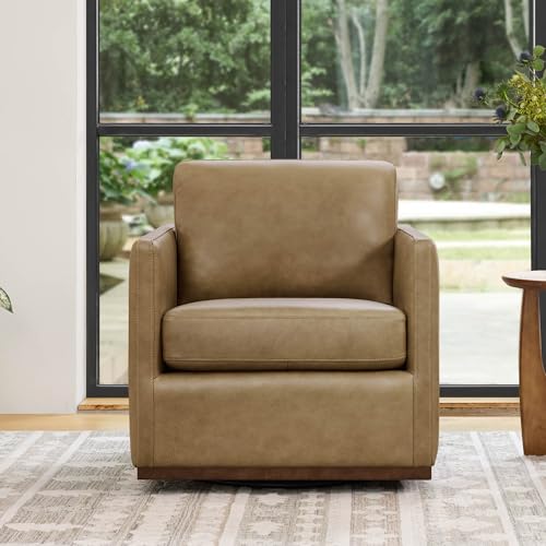 CHITA Genuine Leather Swivel Chair, Wood Frame, Fully Assembled, Mocha | Leather Arm Chair with 360° Swivel Solid Wood Base, Mid Century Modern Living Room Chair, 33"Dx30"Wx33"H, 300 Lb Capacity - color: Mocha