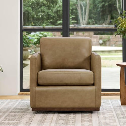 CHITA Genuine Leather Swivel Chair, Wood Frame, Fully Assembled, Mocha | Leather Arm Chair with 360° Swivel Solid Wood Base, Mid Century Modern Living Room Chair, 33"Dx30"Wx33"H, 300 Lb Capacity - color: Mocha