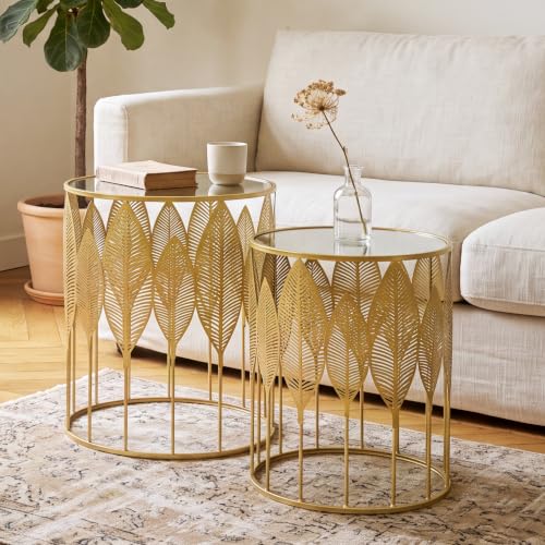 Homebeez Gold Nesting Tables Set of 2, Stainless Steel Top Round End Table | with Glam Leaf Design for Living Room & Bedroom, No Assembly Required - color: Gold Leaf
