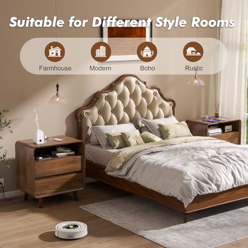 Nasonet Mid Century Modern Nightstand with Charging Station, Wood Bedroom End Tables Set of 2 Nightstands with Drawers, Bedside Table for Living Room, Curved Profile Design, Walnut - color: Walnut, size: 2 Drawers