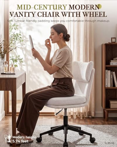 COMHOMA Home Office Desk Chairs with Ergonomic Curved Backrest, Mid Century Modern Vanity Chair with Wheel for Bedroom, Chenille Upholstered, White - color: White, Chenille