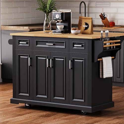 Ball & Cast Large Kitchen Island with Rubber Wood Drop Leaf,Embossed Texture Rolling Kitchen Cart On 4 Wheels W/4 Doors & 3 Drawers,Mobile Kitchen Islands W/ Storage for Kitchen,Dining Room,Black,54" - color: Black-a