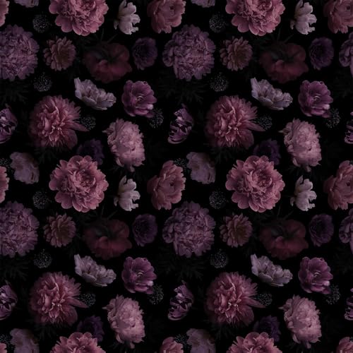 Dark Floral Peony Peel and Stick Wallpaper 17.7in x 354in | Self adhesive removable renter friendly gothic vintage thick vinyl, waterproof purple flowers - color: Deep Purple, size: 17.7" x 354"