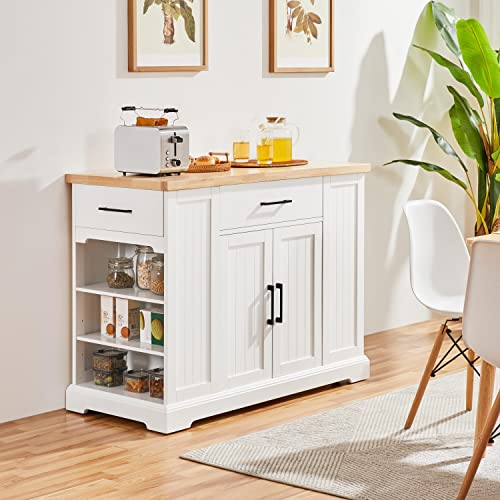 Yaheetech Rolling Kitchen Island Cart with 3 Drawers & Open Shelves, White | Mobile Kitchen Island with Storage on Wheels with Adjustable Shelves, Thick Rubberwood Top for Dining/Living Room/Kitchen Bar - color: White