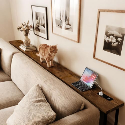GRLEAF 90 Inch Narrow Sofa Table with Power Outlet, Extra Long Console Table Behind Couch Table with Charging Station, Skinny Entryway Table Thin Table for Living Room, Narrow Spaces (Rustic Brown) - color: Rustic Brown, size: 90IN