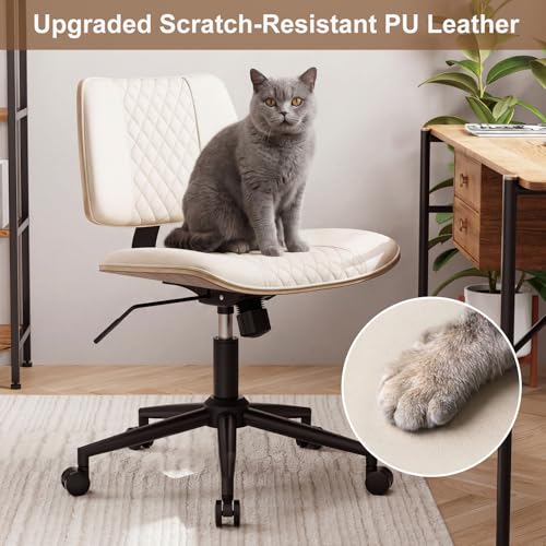 Modern Armless Office Chair with Wheels, Wide Seat Walnut, Beige | Adjustable Swivel Desk Chair with Mid Back & Tilt Function, Faux PU Leather Mid Century Modern Task Office Chair, 300LBS Cap - color: Beige, size: MCM Style Wide Seat