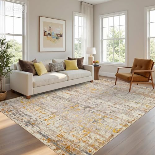 5x7 Neutral Abstract Area Rug, Beige Gold Carpet for Living Bedroom Dining | Machine Washable, Non-Slip, Stain Resistant Low Pile Modern Carpet with Rubber Backing for Dining Room Kitchen Home Decor - color: Beige Gold, size: 5' x 7' (Rectangular)