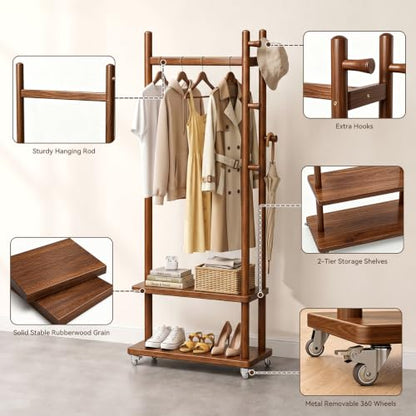 Coat Rack Freestanding Wood Garment Rack 2 Shelves 5 Hooks | Bedroom hallway entryway living room hotel, durable wood construction, mobile wheel design, coats clothes bags storage - size: Walnut-S :18.9''L×13''W×71''H (With Wheels）