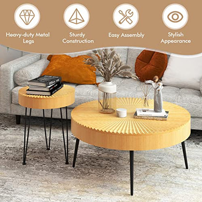 Giantex Boho Round Coffee Table Set of 2, Sofa Side Nesting Table with Solid Pine Wood Top, Metal Legs & Adjustable Foot Pads, 31.5" D Large Table Set for Living Room (Radial Pattern, Natural) - color: Natural, style: Radial Pattern