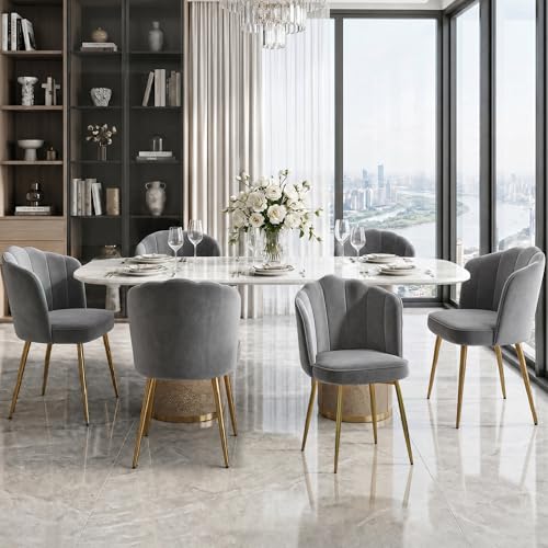 VECELO Velvet Dining Chairs Set of 6, Modern Upholstered Kitchen Chairs with Thick Cushions, Curved Padded Backrest and Metal Legs, for Kitchen, Dining Room, Living Room, Gray - color: Grey, size: Set of 6