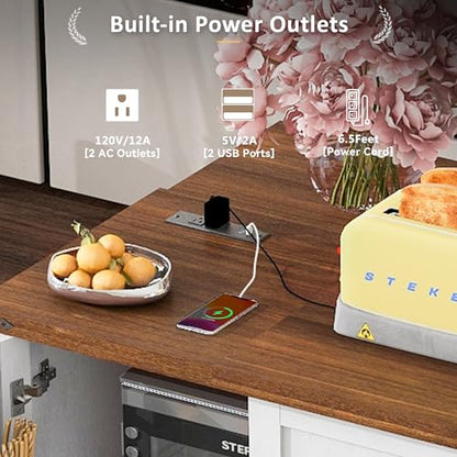 Kitchen Island, Rolling Kitchen Cart with Power Outlet | Built-in power outlet, 2 AC outlets and 2 USB ports, easy charging for coffee maker, juicer, toaster, or devices - color: White + Particle Board+mdf