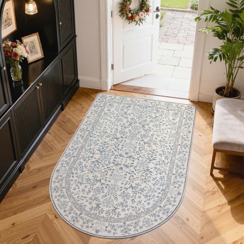 jinchan 4x6 Washable Entryway Area Rug, Vintage Blue Floral Non-Slip | Botanical Low-Profile, Chair Mat and Doormat, Under Desk Throw Dirt-Trapping Carpet for Home Office Study Room Kitchen - color: Blue/Cream, size: 3'7" x 5'5" (U-Shape)