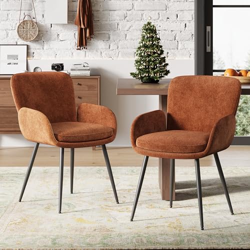 VKNOW Modern Upholstered Dining Chairs Set of 2 with Armrest, Orange | Armed Dining Room Chairs with Metal Legs, Kitchen Chairs for Restaurant Kitchen Living Room - color: Orange, size: Set of 2