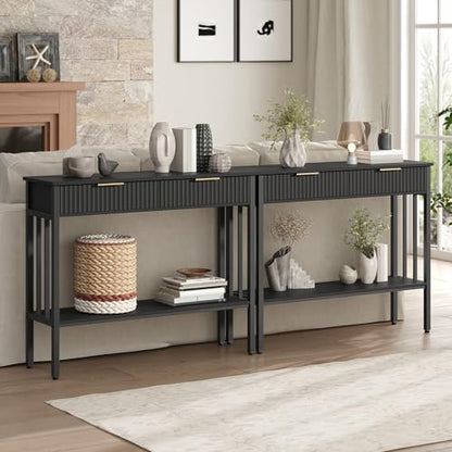 MAHANCRIS 39.4" Console Table with 2 Drawers, Fluted Black Entryway Table | Narrow Long Entry Table with Storage Shelf, Sofa Table for Entryway, Living Room, Foyer, Hallway, Office, Black CTHB5101 - size: 11.8"D x 39.4"W x 32.3"H
