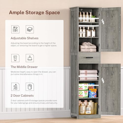 TEENFON Tall Bathroom Cabinet, Storage Cabinet with 6 Shelves & Drawer, Bathroom Storage Cabinet with Adjustable Shelves, Tall Cabinet for Living Room, Home Office, Grey - color: Grey