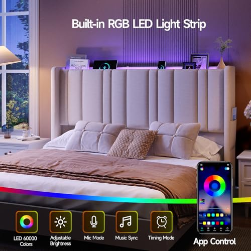 Queen Size Headboard with Storage, LED Light, Linen Vertical Wingback Headboard with Charging Station, Upholstered Head Board Queen w/High-Density Sponge Padding, 2 Storage Pockets, Off White | Linen Vertical Wingback Headboard w/ Charging Station, Uphols