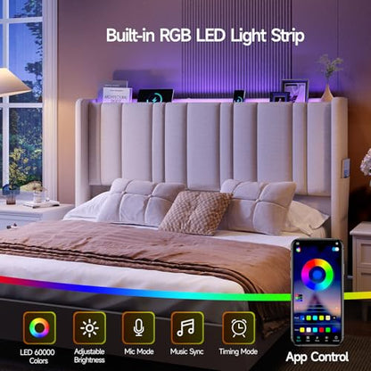 Queen Size Headboard with Storage, LED Light, Linen Vertical Wingback Headboard with Charging Station, Upholstered Head Board Queen w/High-Density Sponge Padding, 2 Storage Pockets, Off White | Linen Vertical Wingback Headboard w/ Charging Station, Uphols