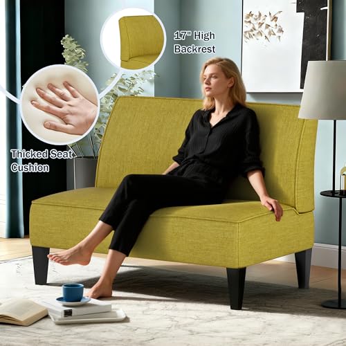 Small Loveseat, Green Mini Sofa Couch Accent Upholstered Bench with Back Living Room Bedroom Office Armless Love Seat Settee - color: Green
