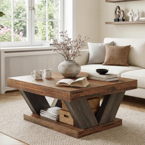 LITTLE TREE Coffee Table, Farmhouse Coffee Table with Large Storage Shelf | 2-Tier Rustic Wood Modern Center Table for Living Room、Home Office, Brown and Black - color: Black+brown