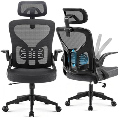 Office Chair Ergonomic Desk Chair with Adjustable Headrest Lumbar Support, High Back Breathable Mesh Chair with 120° Tilt & Flip-Up Armrests, Swivel Comfy Task Computer Chair for Work, Study - color: Dark Gray