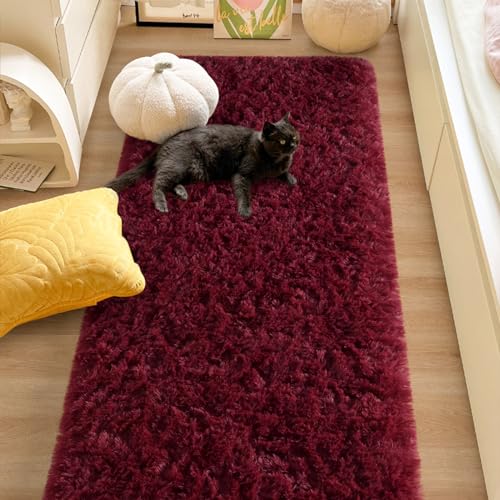 Fluffy Burgundy Red 2x4 Hallway Runner Rug - color: A- Wine Red, size: 2' X 4' (Runner)
