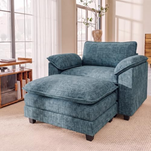 JUMMICO 40" Chaise Lounge Chair with Ottoman, Single Sofa Chair, Dark Blue | Comfy Chenille, Double Layer Cushion, Wide Armrest, Deep Seat, High-Density Foam, Reading Chair for Living Room - color: Dark Blue, size: Single Sofa Chair