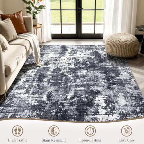 Sasttie 5x7 Washable Area Rug, Modern Abstract Rug, Black & White | Ultra-Soft Faux Wool, Machine Washable, Low Pile, Non-Slip, Lightweight, Thin, for Living Room, Bedroom, Dinning Room & Dorm - color: Black & White, size: 5' x 7' (Rectangular)