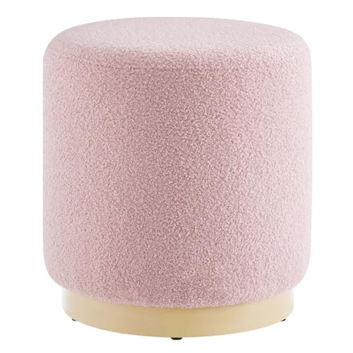 Modway Tilden 16 Inch Round Soft Sherpa Fabric Upholstered Ottoman in Blossom Natural - Small Ottoman Foot Rest with Rubberwood Plinth Base - Living Room Ottoman Side Table - Sherpa Ottoman Footstool - color: Blossom Natural