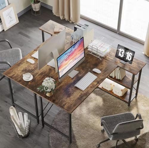 L-Shaped Rustic Brown Desk with Adjustable Shelves, 55 inches OD51664