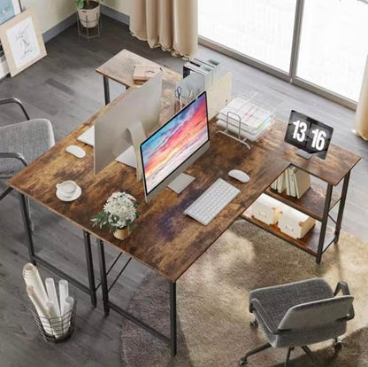 L-Shaped Rustic Brown Desk with Adjustable Shelves, 55 inches OD51664