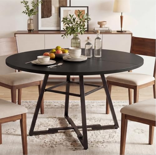 Alpen 42" Round Dining Table for 4-6, Small Kitchen Table with Storage Shelf, Wood Industrial Circle Table with Pedestal Metal Frame, Small Space Table for Apartment, Dining Room, Black - color: Black, size: 42 Inches