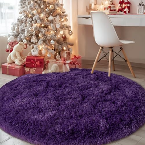 4ft Fluffy Dark Purple Round Rug for Bedroom, Washable Non-Slip | Soft Shag Purple Circle Rug for Kids Room Dorm Living Room Home Decor, Thick Memory Sponge, Flame Resistant - color: Dark Purple, size: 4' (Round)