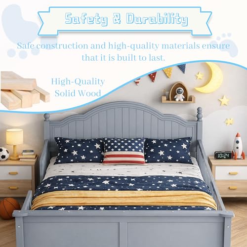 Full Size Kids Bed Frame with Removable Guardrails, Low Profile, Gray | 3 guardrail setups: all installed, front removed or all removed; 8 slats; 6-inch mattress sold separately; no box spring - color: Grey, size: Full