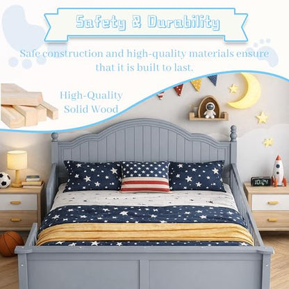 Full Size Kids Bed Frame with Removable Guardrails, Low Profile, Gray | 3 guardrail setups: all installed, front removed or all removed; 8 slats; 6-inch mattress sold separately; no box spring - color: Grey, size: Full
