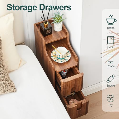 Narrow Nightstand Set of 2, Wood 2 Drawer Small Nightstand, Slim Side Table, Modern Skinny End Bedside Table, Natural Wood Night Stand with Drawers for Bedroom (Walnut-2 pcs) - color: Walnut-2 Pcs