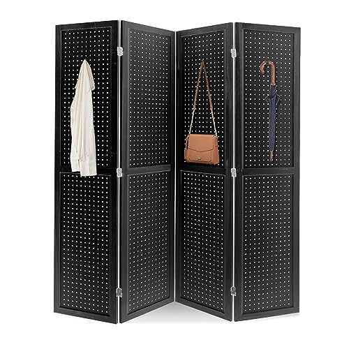 4 Panel Pegboard Room Divider | Folding Freestanding Display Screen, Privacy Partition for Retail, Craft Shows, Home Office, and Exhibition Use Black - color: Black-4 Panel, size: 4 Panel