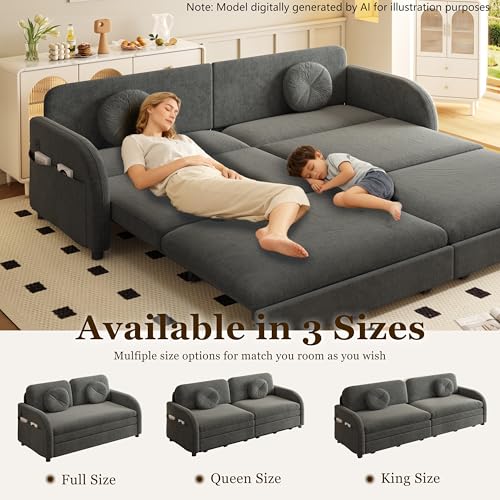 52.4'' Full Size Sleeper Sofa Bed, 3-in-1 Pull Out Chenille Couch, Grey | Cozy Curved Armrest, Loveseat with USB, 2 Round Pillows, Washable Cover, Pocket, for Living Room, Apartment, Small Spaces, RV - color: Grey, size: 52.4'' Full
