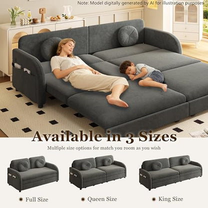 52.4'' Full Size Sleeper Sofa Bed, 3-in-1 Pull Out Chenille Couch, Grey | Cozy Curved Armrest, Loveseat with USB, 2 Round Pillows, Washable Cover, Pocket, for Living Room, Apartment, Small Spaces, RV - color: Grey, size: 52.4'' Full