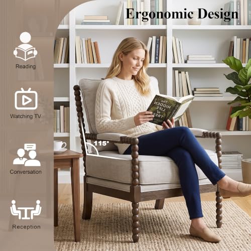DUHOME Chenille Fabric Spindle Accent Chair with Wood Frame,Bobbin Chair with High Resilience Spring Cushion and Armrest Pads, Leisure Armchair for Living Room Bedroom Farmhouse Home Office Belcony - color: Dark Walnut+grey, size: 1 pc