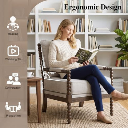 DUHOME Chenille Fabric Spindle Accent Chair Set of 2,Bobbin Chair with High Resilience Spring Cushion and Armrest Pads, Leisure Armchair for Living Room Bedroom Farmhouse Home Office Belcony - color: Dark Walnut+grey, size: 2 pcs