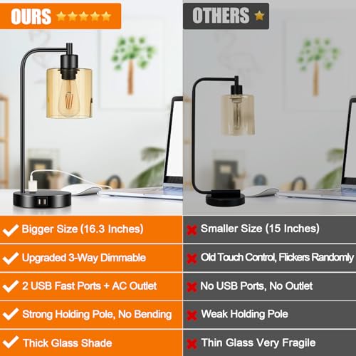 Set of 2 Industrial Touch Control Table Lamps with 2 USB Ports and AC Outlet - 3-Way Dimmable Black Bedside Lamp Nightstand Desk Lamps for Bedroom Living Room, Amber Glass Shade & 2 LED Bulbs Included - color: Black(2 pack)-Amber Glass-Touch Control