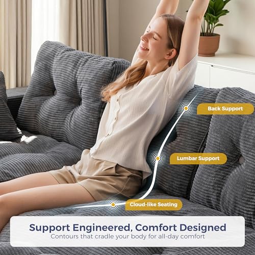 MAXYOYO Boneless Couch, 96-Inch L-Shaped Cloud Couch with Ottoman | Dark Grey Layered Cushion and Flexible Modules Create an Upholstered Sofa in a Box, No Assembly for Spacious Living Rooms. - color: Dark Grey, size: 96" L Shape