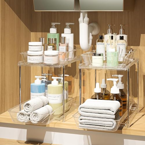 2-Pack 2-Tier Under Sink Organizer with Pull Out Drawers | Multi-use kitchen & bathroom storage. Includes hanging hooks and cups. transparent, space-saving cabinet design. 12.8 Inch - color: transparent, size: 12 Inch
