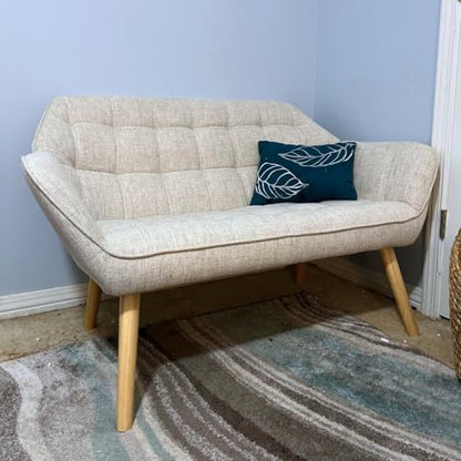 48”Small Loveseat Sofa, Modern Linen Upholstered Mini Couch 2-Seater Fluffy Love Seat with Quilting Backs and Wood Legs for Small Space Living Room, Bedroom, Beige - color: Oatmeal, size: Loveseat