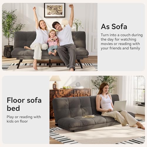 Vipbear Convertible Futon Sofa Bed,Grey Linen Futon Couch with Detachable Cushion,Adjustable Backrest & Armrest,Modern Small Recliner Loveseat Sleeper Couch for Living Room,Office,Apartment