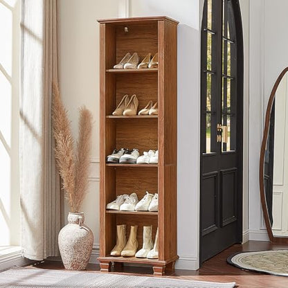70" Tall Narrow Book Shelf, 5-tire Bookshelf with Adjustable Shelves & Solid Wood Legs, Farmhouse Freestanding Bookcase with Open Storage, Wood Book Case for Office, Living Room, Brown - color: Brown