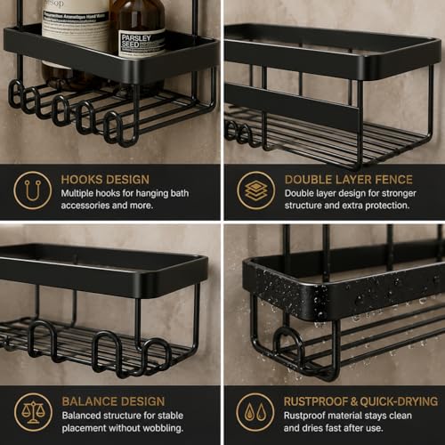 3-Tier Corner Shower Caddy, No-Drill Adhesive Bathroom Shelf Organizer with Hooks, Rustproof Metal Wall Mount Storage Rack for Shampoo, conditioner, soap & Toiletries, Black