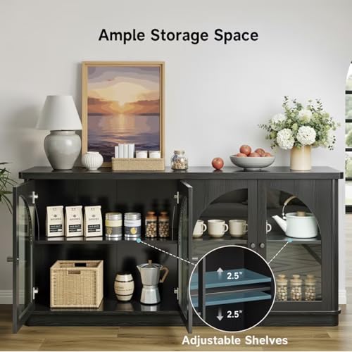 63 Inch Sideboard Buffet Cabinet with Glass Doors, Credenzas Cabinet, Black | 4 Doors, Arched, Large, Adjustable Shelves, Modern Style, for Living Room, Kitchen, Entryway