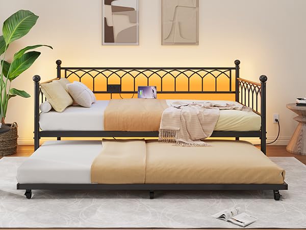 IDEALHOUSE Twin Daybed with Trundle, Day Bed with Charging Station and LED Lights, Heavy Duty Metal Bed Frame, Metal Sofa Bed Frame with Steel Slat Support for Living Room, Bedroom, Apartment, Black | Charging Station, LED Lights, Pull-Out Trundle, Space-
